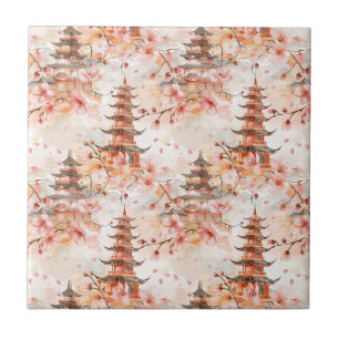 Aquarell-Chinesische Pagode mit Kirschblüten Fliese