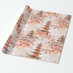 Aquarell-Chinesische Pagode mit Kirschblüten Geschenkpapier