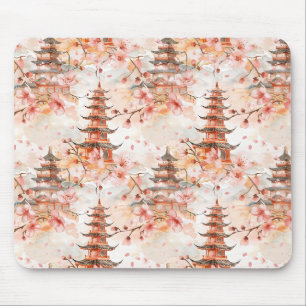 Aquarell-Chinesische Pagode mit Kirschblüten Mousepad