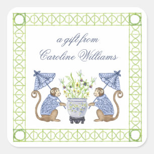 Aquarell-Chinoiserie-Affen-Geschenk Quadratischer Aufkleber