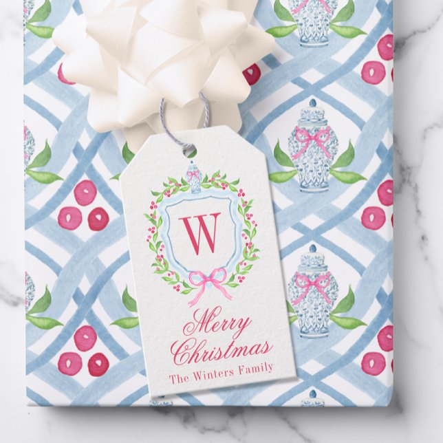 Aquarell Chinoiserie Ginger Jar Monogram Wappen Geschenkanhänger (Von Creator hochgeladen)