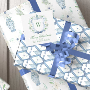 Aquarell Chinoiserie Ginger Jar Monogram Wappen Mitteilungskarte