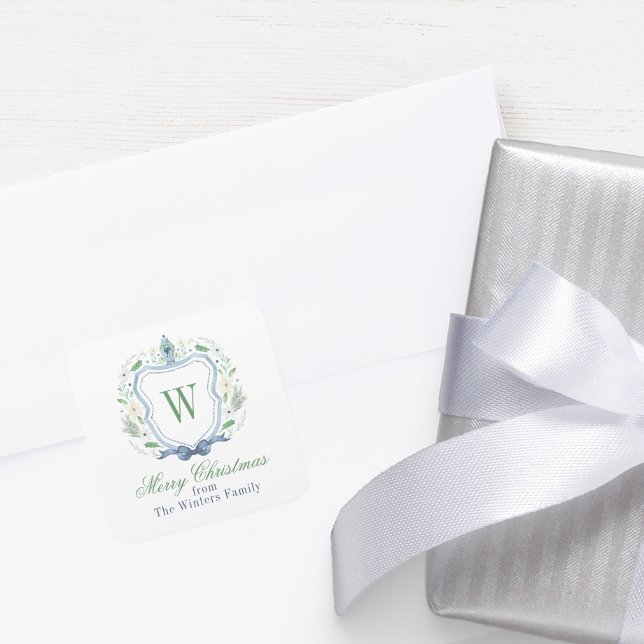 Aquarell Chinoiserie Ginger Jar Monogram Wappen Quadratischer Aufkleber (Von Creator hochgeladen)