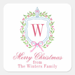 Aquarell Chinoiserie Ginger Jar Monogram Wappen Quadratischer Aufkleber