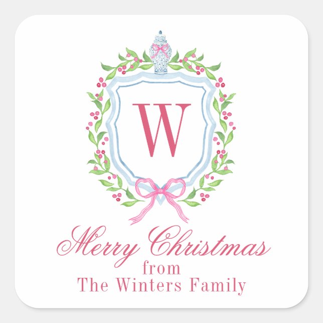 Aquarell Chinoiserie Ginger Jar Monogram Wappen Quadratischer Aufkleber (Vorderseite)