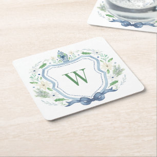 Aquarell Chinoiserie Ginger Jar Monogram Wappen Rechteckiger Pappuntersetzer