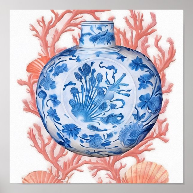 Aquarell Chinoiserie Ginger Jar und Coral Poster (Vorne)