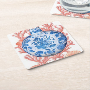 Aquarell Chinoiserie Ginger Jar und Coral Rechteckiger Pappuntersetzer