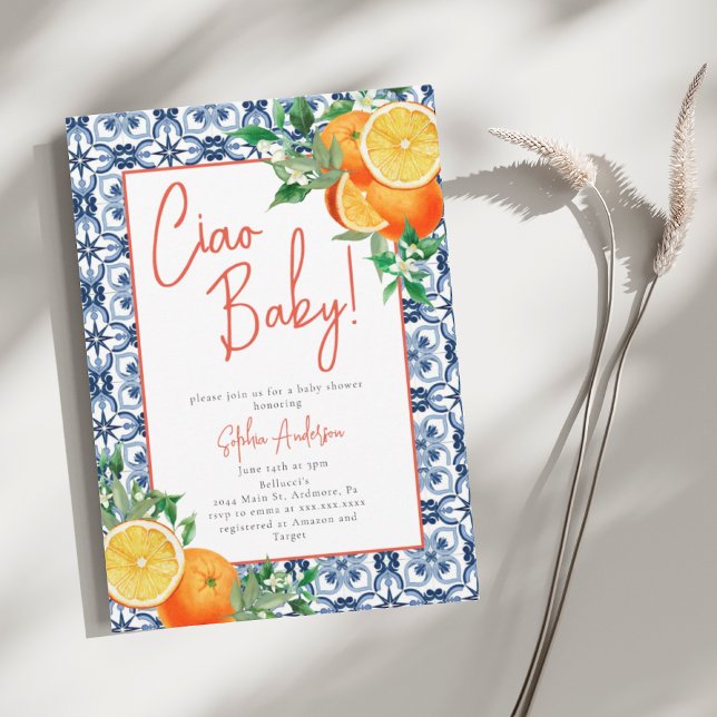 Aquarell Ciao, Baby! Orange Baby Dusche Einladung (Von Creator hochgeladen)