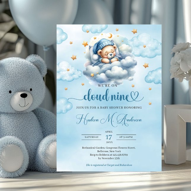Aquarell Cloud 9 Teddy Bär Boy Baby Dusche Einladung (we're on cloud nine boy baby shower invitation)