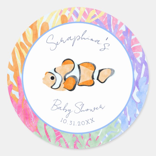 Aquarell Clown Fish Coral Baby Dusche Runder Aufkleber (Vorderseite)