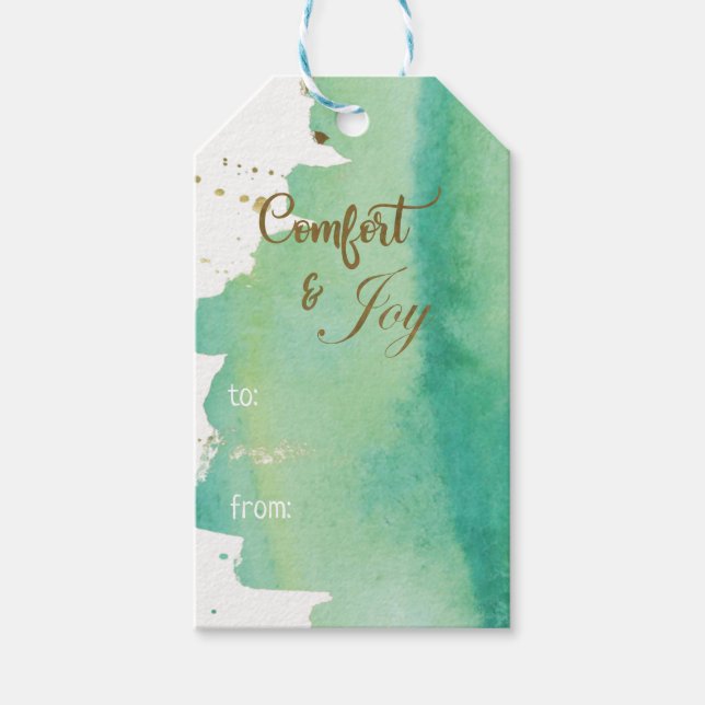 Aquarell Comfort Joy Green Gold Foto Weihnachten Geschenkanhänger (Vorderseite)