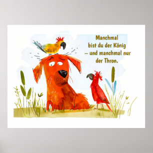 Aquarell-Comic-Hund mit zwei Papageien Poster