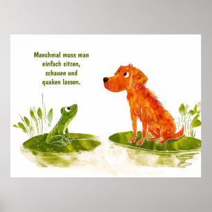 Aquarell-Comic-Hund und Frosch auf Seerosenblatt Poster