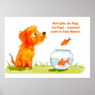 Aquarell-Comic-Hund und Goldfischglas Poster