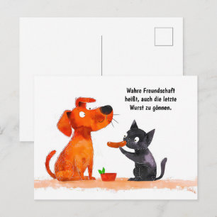 Aquarell-Comic-Hund und -Katze Seite an Seite Feiertagspostkarte