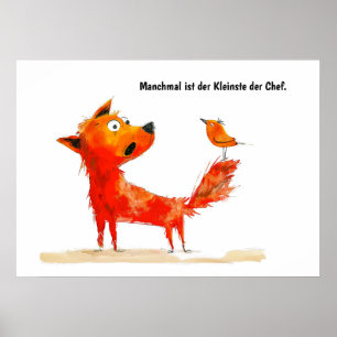 Aquarell-Comic-Hund und Vogel auf dem Schwanz Poster