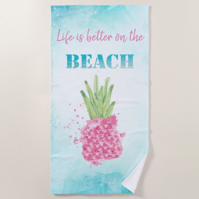 Aquarell Cool Rosa Ananas Strandtuch (Vorderseite)