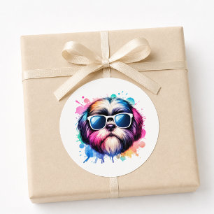 Aquarell Cooler Shih Tzu Hund mit Sonnenbrille Runder Aufkleber