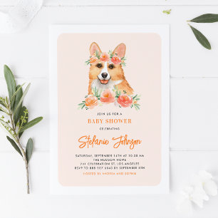 Aquarell Corgi Peach Florals Baby Dusche Einladung