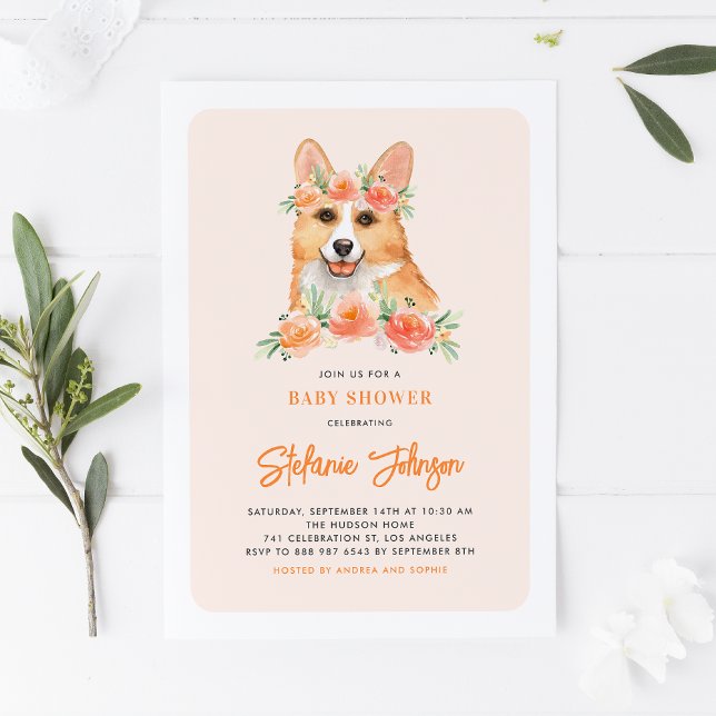 Aquarell Corgi Peach Florals Baby Dusche Einladung (Von Creator hochgeladen)