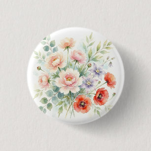 Aquarell Cottage-Garten-Wildblumenstrauß Button