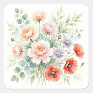 Aquarell Cottage-Garten Wildblumenstrauß Quadratischer Aufkleber