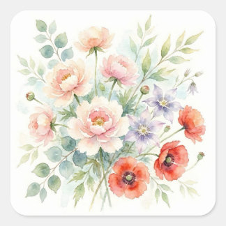 Aquarell Cottage-Garten Wildblumenstrauß Quadratischer Aufkleber