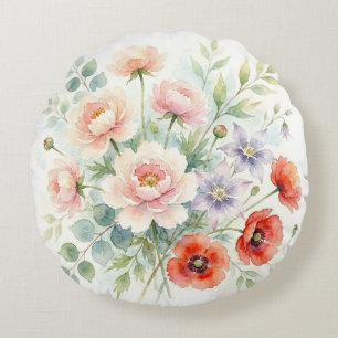 Aquarell Cottage-Garten-Wildblumenstrauß Rundes Kissen