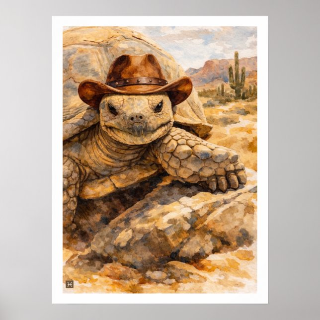 Aquarell-Cowboy-Schildkröte in der Wüste Poster (Vorne)