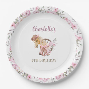 Aquarell-Cowgirl-Pferd-Blumen-Western-Geburtstag Pappteller