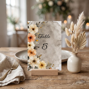 Aquarell-Creme-Orange-Grau-Blumen-Herbsthochzeit Tischnummer
