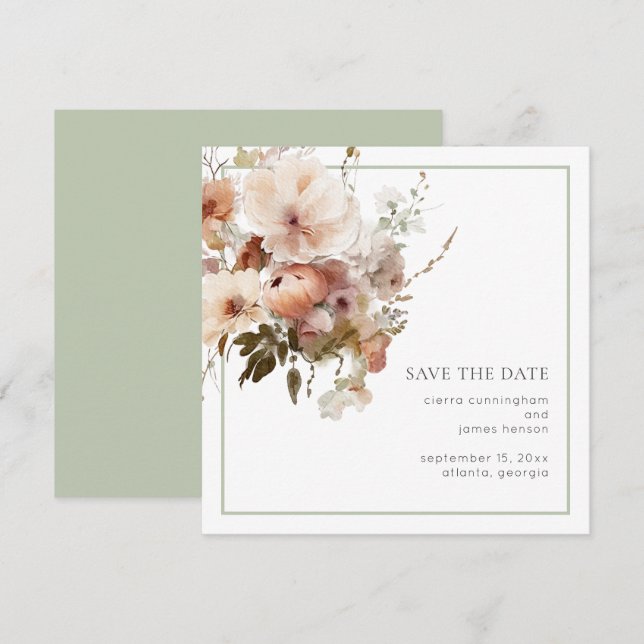Aquarell-Creme-Sage-Grün-Floral-Hochzeit  Save The Date (Vorne/Hinten)