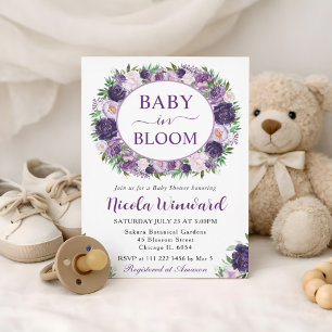 Aquarell-Creme- und Violetter-Kranz-Baby-Party Einladung