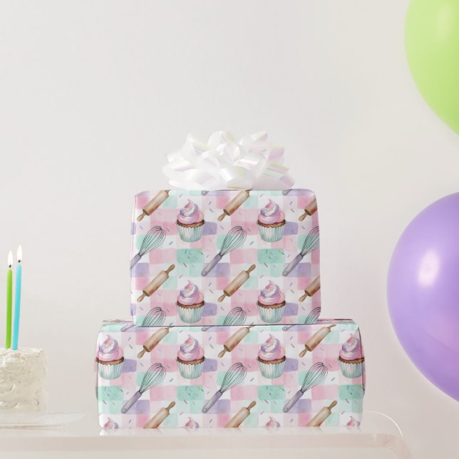 Aquarell-Cupcake-Muster Pastellrosa  Geschenkpapier (Partygeschenke)