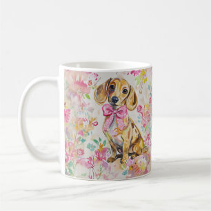 Aquarell-Dachshund-Kaffeetasse Rosa Blumen Kaffeetasse