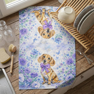 Aquarell-Dackel Lila Blumenmuster Geschirrtuch