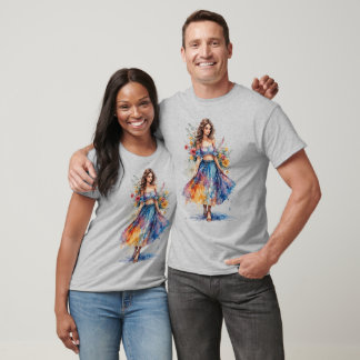 Aquarell Dame mit Blumen auf Grau T-Shirt