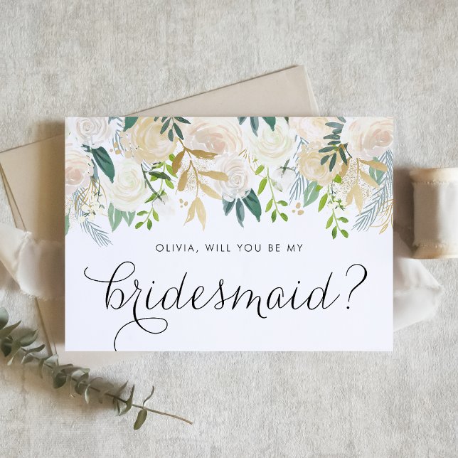 Aquarell, das blasse Pfingstrosen Sie gewillt Einladung (Floral bridesmaid proposal card with ivory flowers, greenery, and faux gold foil accent.)