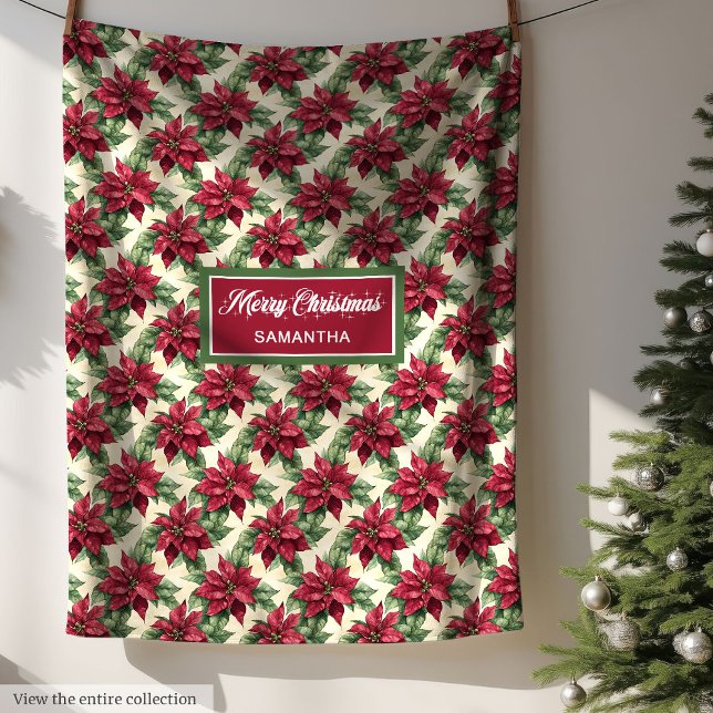 Aquarell Deep Red Poinsettia Sage Green Mutation Fleecedecke (Watercolor Deep Red Poinsettia Sage Green Muted Fleece Blanket)