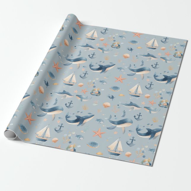 Aquarell-Delfin-Nahtloses Muster Geschenkpapier (Ungerollt)
