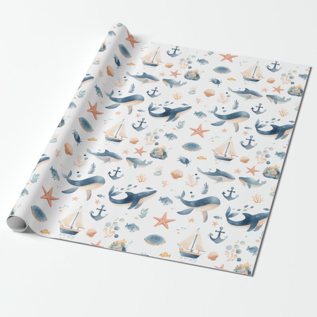 Aquarell-Delfin-Nahtloses Muster Geschenkpapier (Ungerollt)