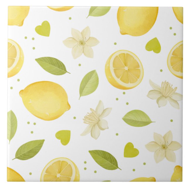 Aquarell-Design mit Zitronen und Blüten Fliese (Vorderseite)