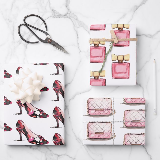 Aquarell Designer Schuhe Beutel & Parfüm Geschenkpapier Set (Vorderseite)