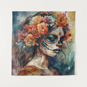 Aquarell Día de los Muertos Catrina-Porträt Wandteppich