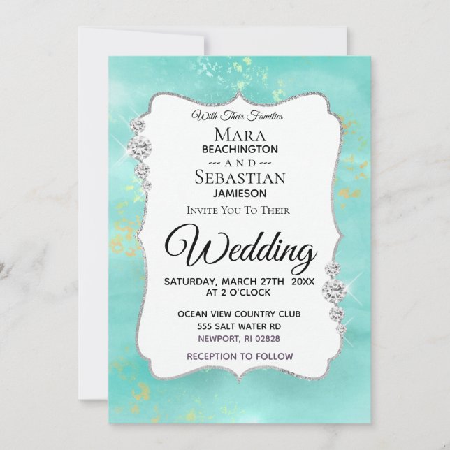 *~* Aquarell Diamond Aqua Glitzer Hochzeit Einladung (Vorderseite)