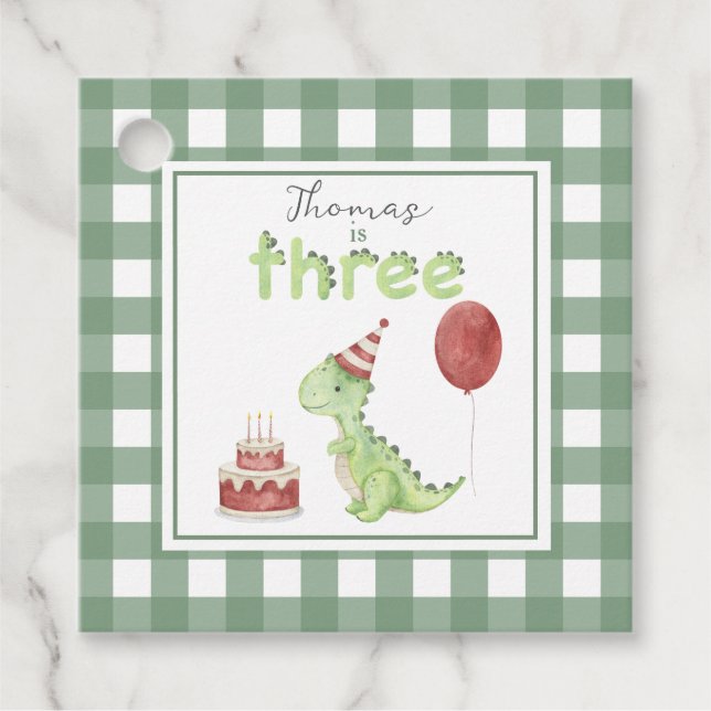Aquarell-Dinosaurier 3. Geburtstag Geschenkanhänger (Vorderseite)