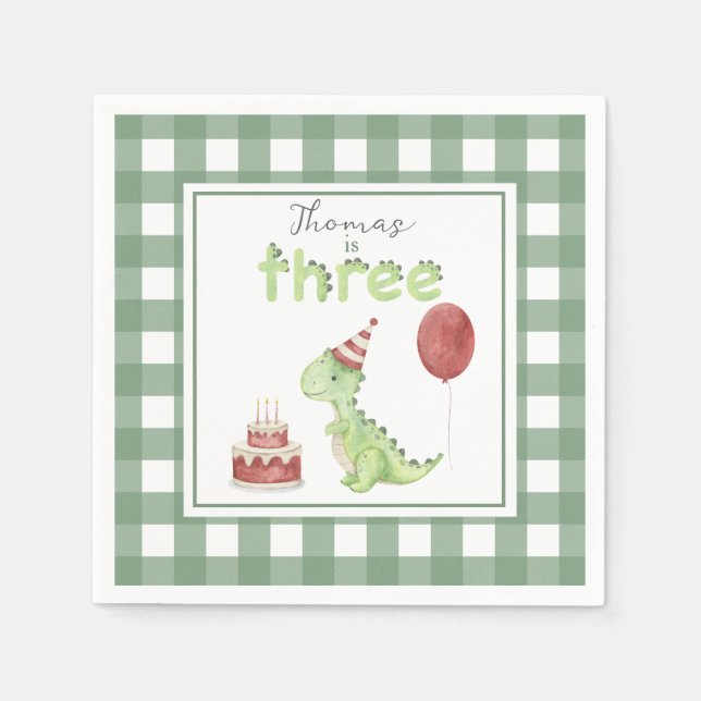 Aquarell-Dinosaurier 3. Geburtstag Serviette (Vorderseite)