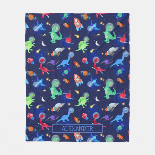 Aquarell-Dinosaurier-Astronauten im Weltraum Blau Fleecedecke (Vorderseite)