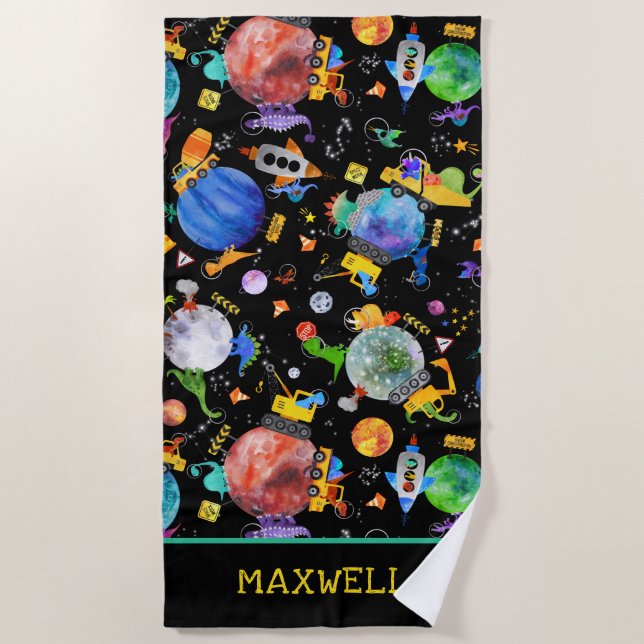 Aquarell Dinosaurier Bau Crew Weltraum Kinder Strandtuch (Vorderseite)